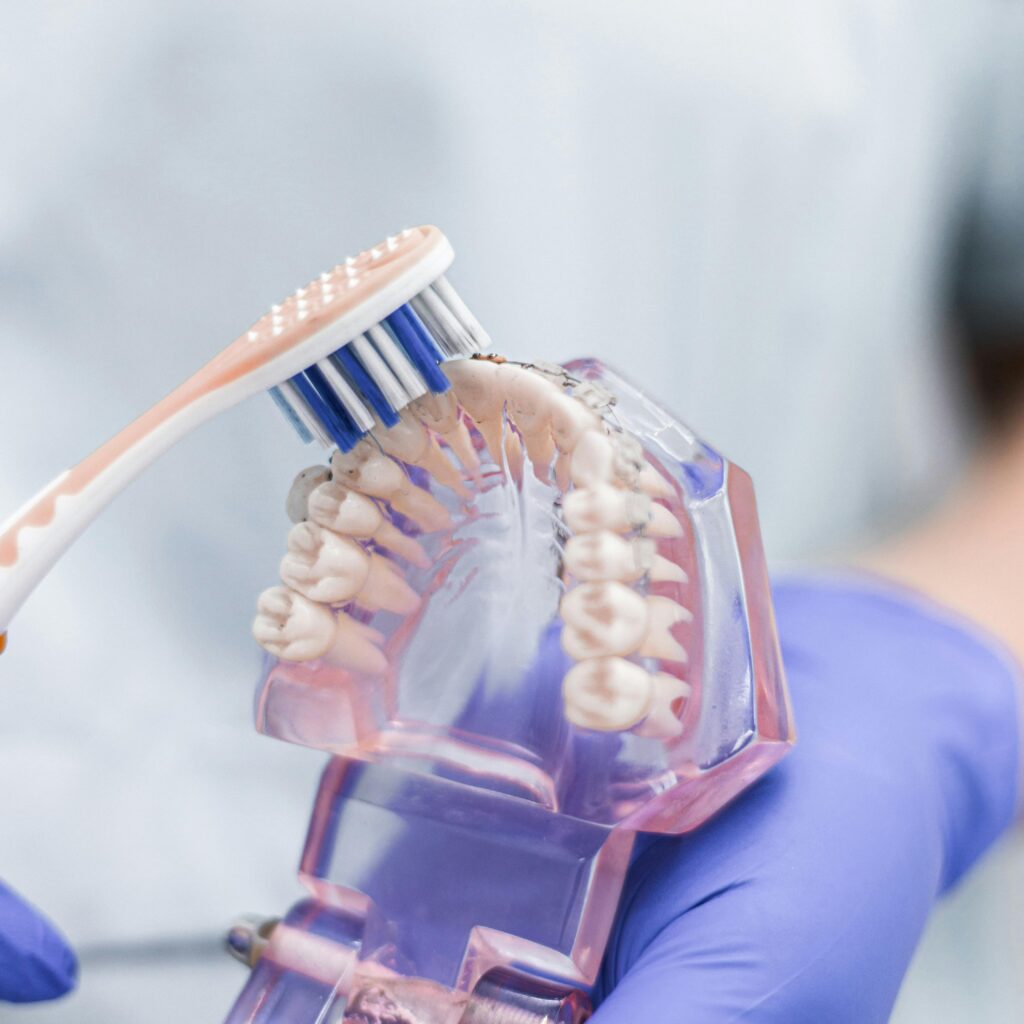 Gloved hands holding a dental model with a toothbrush.